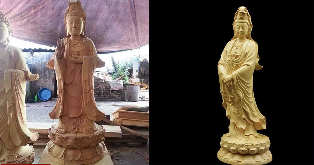 Tượng Phật Bà Quan Âm Bồ Tát Gỗ Mít Đứng Trên Đài Sen