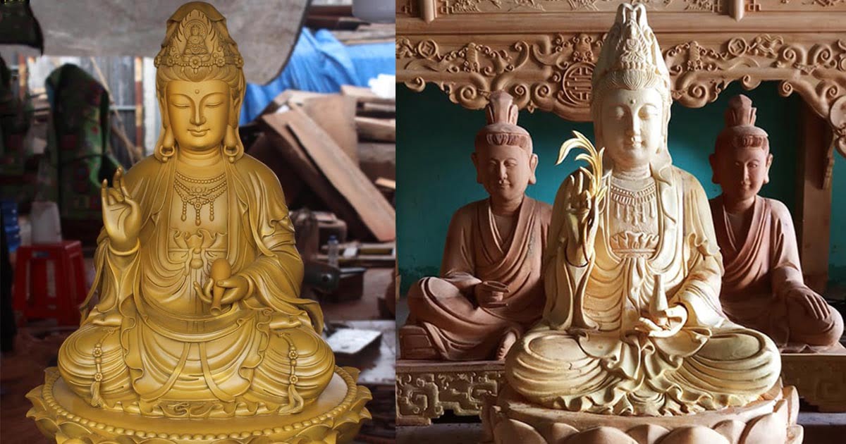 Tượng Phật Bà Quan Âm Cam Lồ Gỗ Mít Tọa Đài Sen