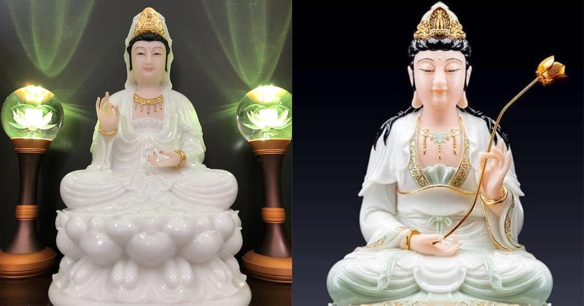 Tượng Phật Mẹ Quan Âm Ngồi Đài Sen Hoa Mẫu Đơn