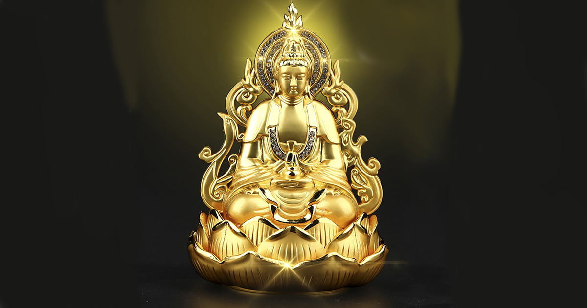Tượng Phật Quan Âm Bồ Tát Ngồi Đài Sen Vàng Đính Đá