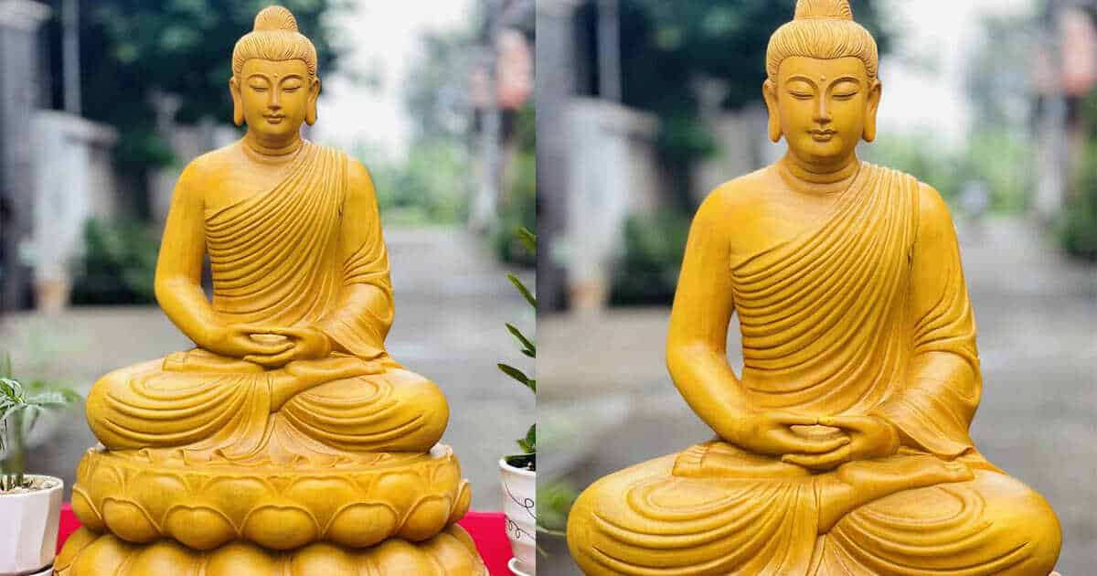 Tượng Phật Thích Ca Ngồi Đài Sen Bằng Gỗ Cẩm Vàng