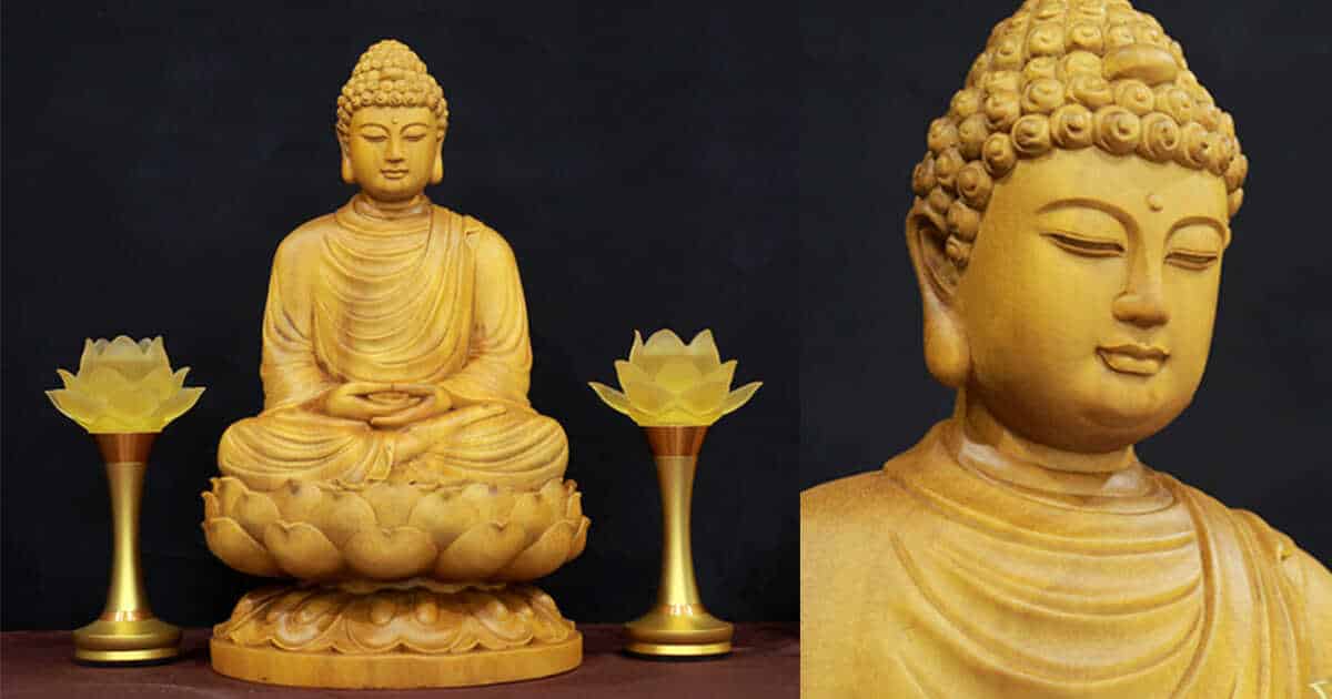 Tượng Phật Thích Ca Ngồi Đài Sen Bằng Gỗ Gõ Vàng