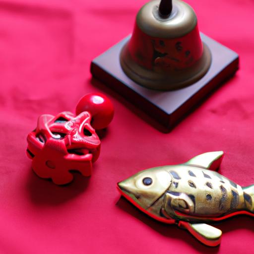 Cái Chuông Đồng Và Cá Chép Gỗ Đặt Trên Một Tấm Vải Đỏ