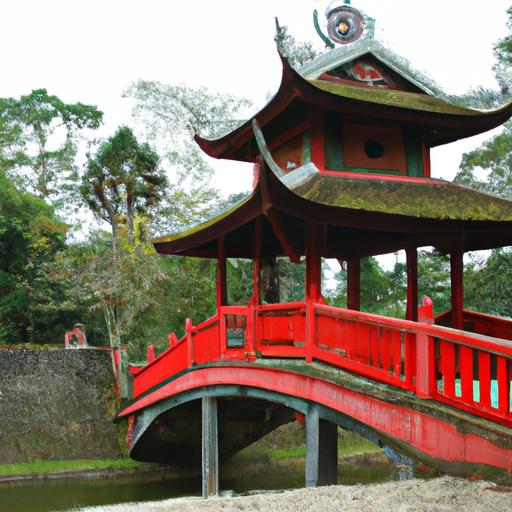 Chùa Truyền Thống Việt Nam Với Cây Cầu Đỏ Phía Trước