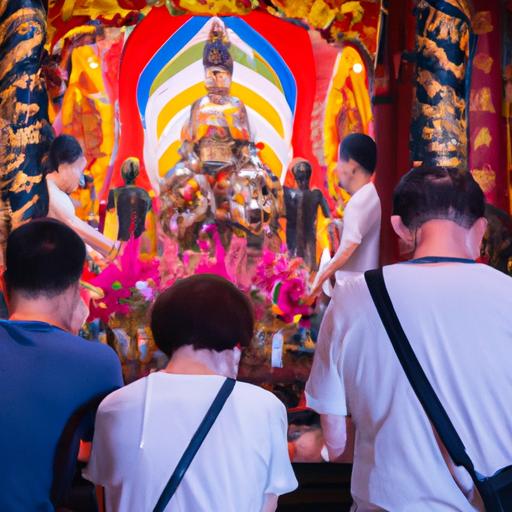 Đám Người Cầu Nguyện Trước Tượng Phật Mẹ Quan Thế Âm Bồ Tát Trong Đền Đài