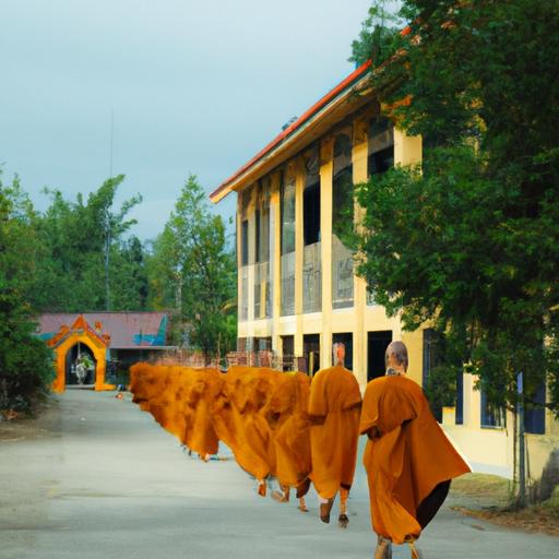 Đoàn Tu Sĩ Đi Vào Chùa Trang Trí Bằng Biểu Tượng Bánh Xe Phật Giáo