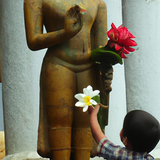 Đứa Trẻ Đem Hoa Tặng Tượng Phật A Di Đà Ngồi