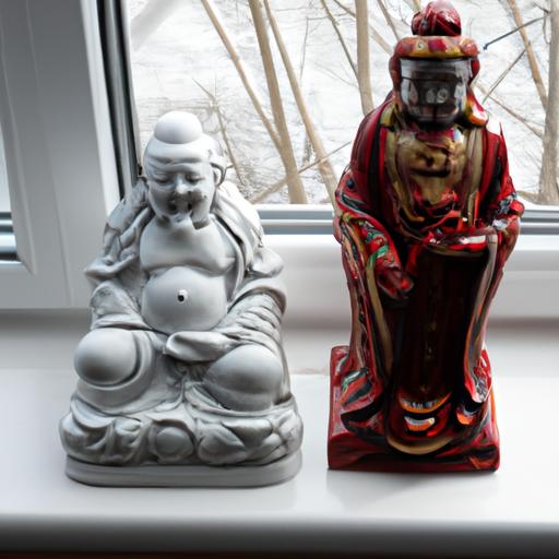Hai Tượng Phật Bà Quan Âm Trong Kích Thước Khác Nhau Trên Cửa Sổ