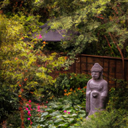 Khu Vườn Yên Bình Với Tượng Đá Đức Phật A Di Đà Ở Giữa