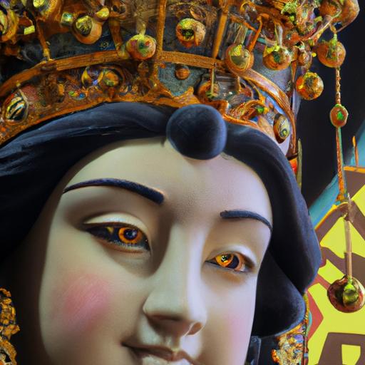 Gần Cận Khuôn Mặt Của Tượng Phật Bà Quan Thế Âm Bồ Tát Với Chi Tiết Tinh Xảo Trên Mũ Đầu.