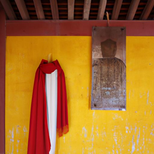 Một Mảnh Vải Đỏ Với Những Chữ Trung Quốc Màu Vàng Treo Trên Tường, Phía Trước Là Một Tượng Gỗ.