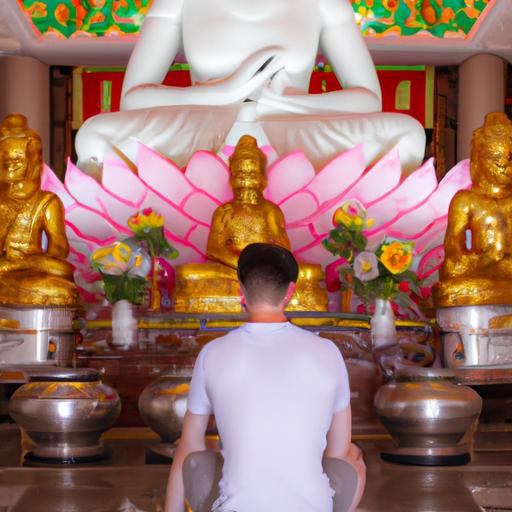 Một Người Đang Quỳ Gối Trước Một Tượng Phật Dược Sư Lưu Ly Lớn Trong Đền Chùa