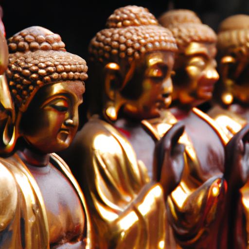 Nhiều Tượng Phật A Di Đà Bằng Đồng Được Trưng Bày Trong Đền Chùa