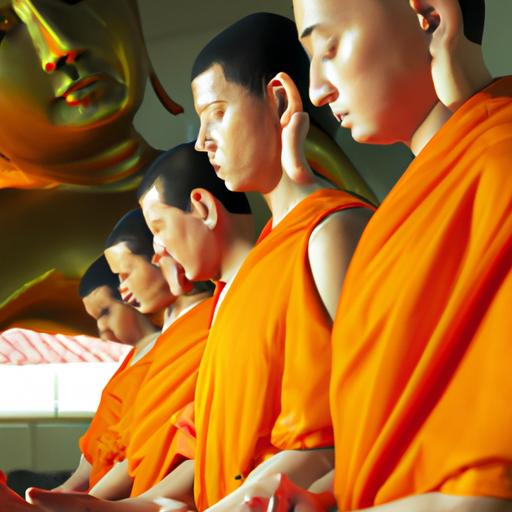 Nhóm Các Vị Sư Phật Đang Cầu Nguyện Trước Tượng Phật Nhắm Mắt Lớn.