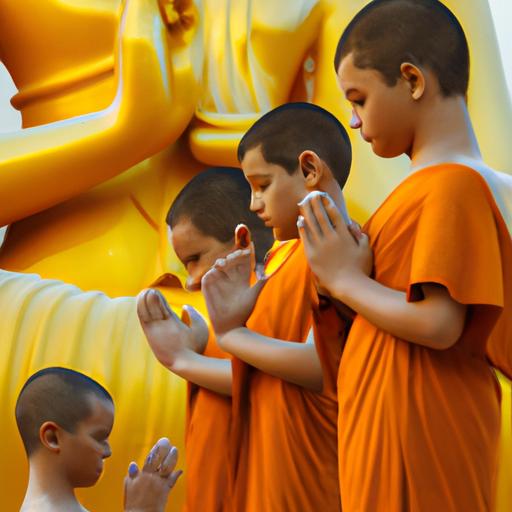 Nhóm Tu Sĩ Phật Giáo Đứng Trước Tượng Phật Thích Ca Lớn Với Tay Gấp Niệm Phật