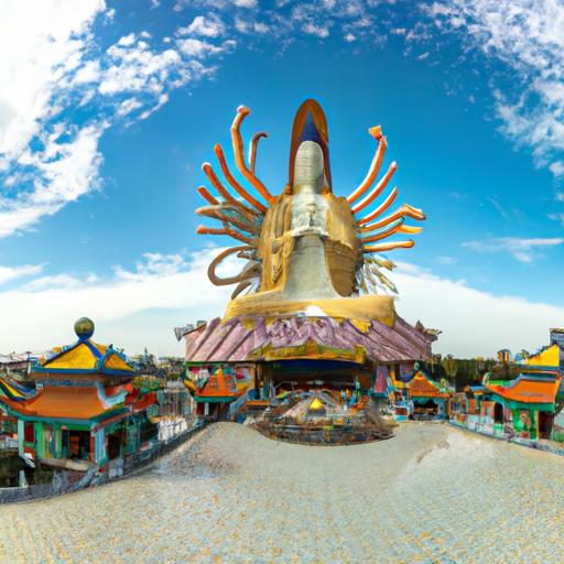 Một Khung Cảnh Toàn Cảnh Của Một Ngôi Đền Với Một Tượng Phật Quan Âm Nghìn Mắt Và Nghìn Tay Khổng Lồ Ở Giữa Trung Tâm.