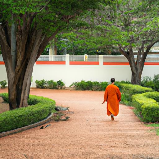 Phật Tử Trẻ Tuổi Trong Áo Choàng Cam Truyền Thống Đi Dạo Trong Khu Vườn Yên Bình Của Chùa.