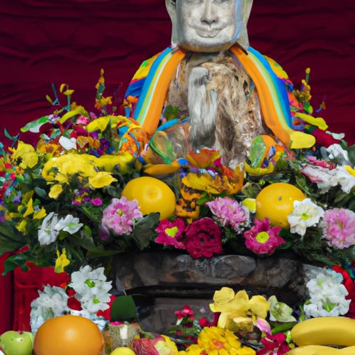Tượng Dược Sư Lưu Ly Quang Vương Phật Được Bao Quanh Bởi Những Bó Hoa Và Trái Cây Đặt Lễ