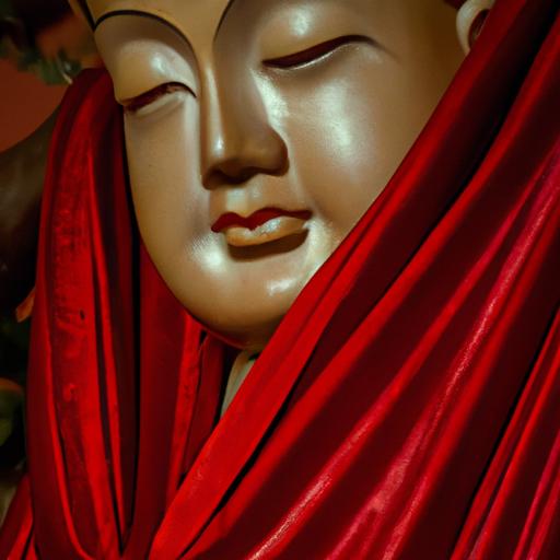 Tượng Gỗ Phật Bà Quan Âm Đeo Khăn Đỏ Với Bộ Mặt Bình An