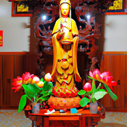 Tượng Gỗ Phật Bà Quan Âm Trên Chân Sen Trong Đền Chùa