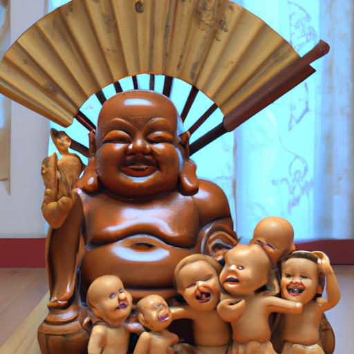 Tượng Gỗ Phật Di Lặc Được Bao Quanh Bởi Trẻ Em Và Cầm Quạt.
