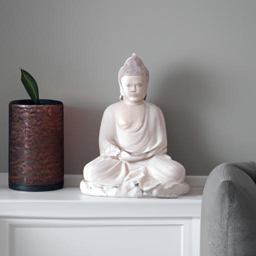 Tượng Phật A Di Đà Trắng Thanh Tịnh Với Biểu Cảm Bình An Trong Phòng Tập Thiền Hiện Đại