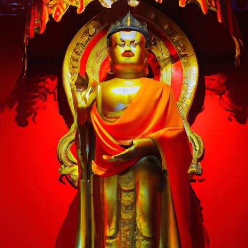 Tượng Phật A Di Đà Vàng Nổi Bật Trên Nền Đỏ Tươi Trong Một Ngôi Chùa Phật Giáo Truyền Thống