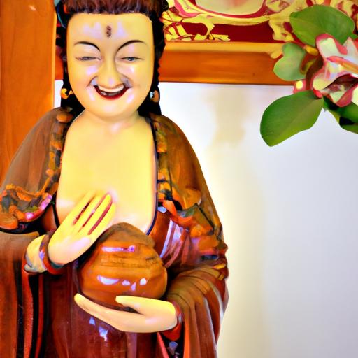 Tượng Phật Bà Quan Âm Bằng Gỗ Với Nụ Cười Nhẹ Nhàng, Tay Nắm Lọ Từ Bi.