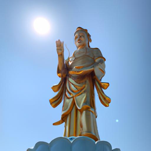 Tượng Phật Bà Quan Âm Màu Vàng Đứng Cao Và Chiếu Sáng Rực Rỡ Dưới Ánh Nắng.