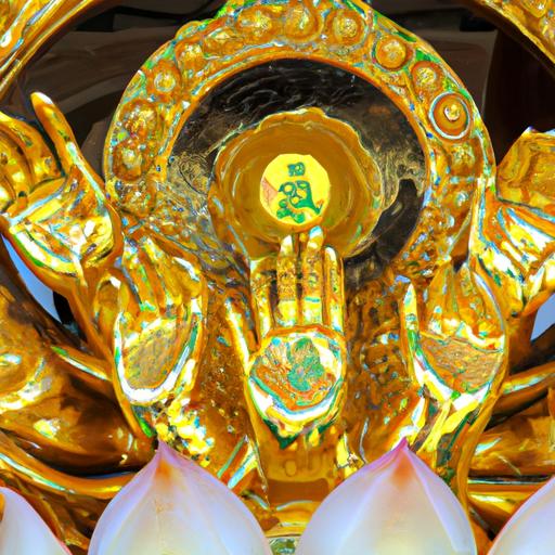 Tượng Phật Bà Quan Âm Nghìn Tay Nghìn Mắt Màu Vàng Được Cầm Hoa Sen