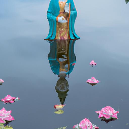 Tượng Phật Bà Quan Âm Được Phản Chiếu Trên Mặt Nước, Bao Quanh Bởi Những Bông Sen.