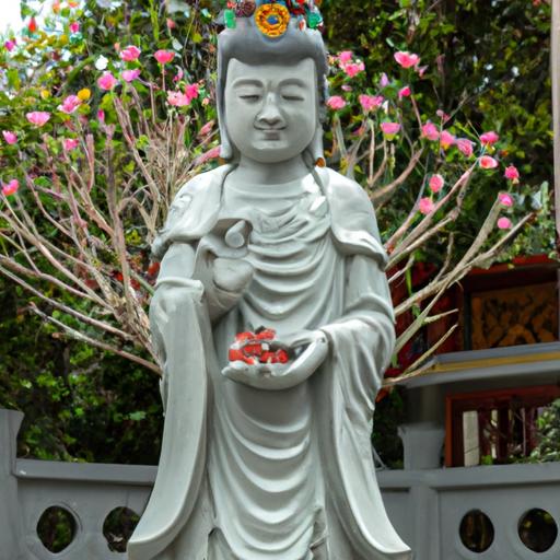 Tượng Phật Bà Quan Âm Với Nét Mặt Thanh Thản Trong Sân Chùa