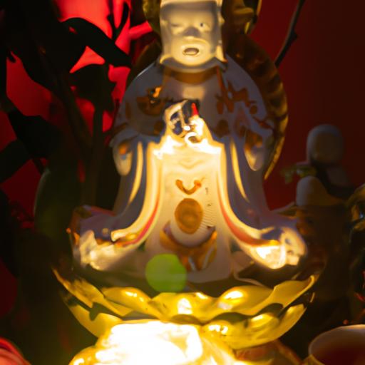 Tượng Phật Bà Quan Âm Với Ánh Sáng Từ Nến Xung Quanh