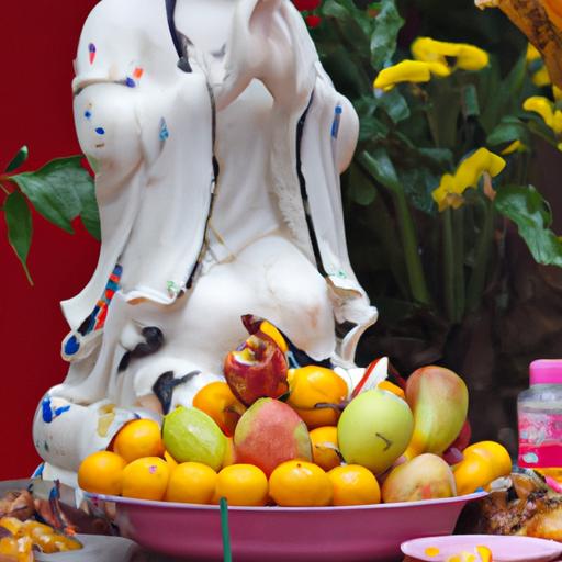 Tượng Phật Bà Quan Âm Với Trái Cây Và Hương Thơm