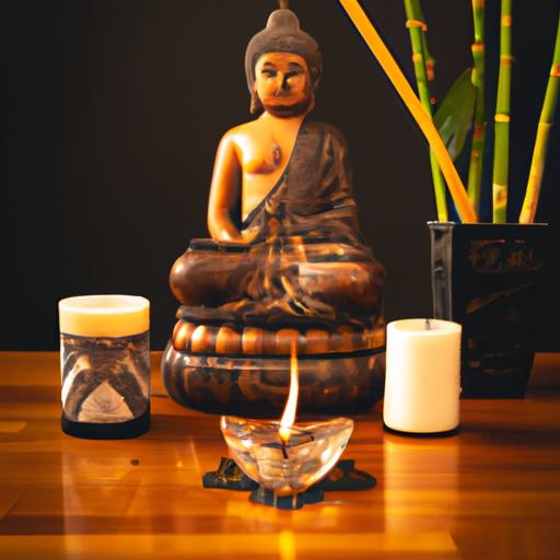 Tượng Phật Đản Sanh Composite Được Đặt Trên Bàn Thờ Gia Đình, Bao Quanh Bởi Nến Và Hương Trầm, Tạo Ra Không Khí Thanh Tịnh Và Linh Thiêng