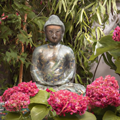 Tượng Phật Đản Sanh Composite Được Đặt Trong Khu Vườn, Bao Quanh Bởi Cảnh Quan Xanh Tươi Và Hoa Đang Nở Rộ