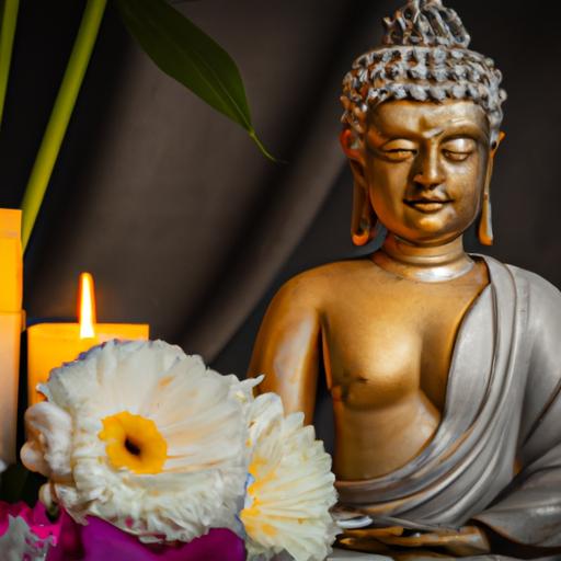 Tượng Phật Đản Sanh Đẹp Với Hoa Và Nến Đang Trang Trí Xung Quanh
