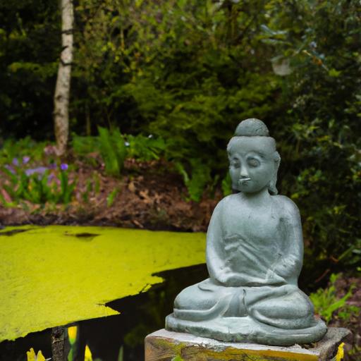 Tượng Phật Di Lặc Bằng Đá Xanh Trong Khu Vườn Với Cây Cối Và Hồ Nước Phía Sau