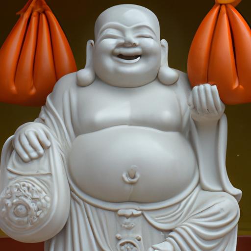 Tượng Phật Di Lặc Đá Hoa Văn Trắng Với Nét Mặt Thỏa Mãn Và Cầm Bao Tiền