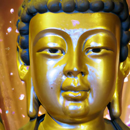 Tượng Phật Di Lặc Với Vẻ Mặt Thanh Tịnh Và Trang Trí Lá Vàng