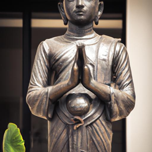 Tượng Phật Đồng Đứng Trên Nền Hoa Sen, Hai Tay Gập Niệm.