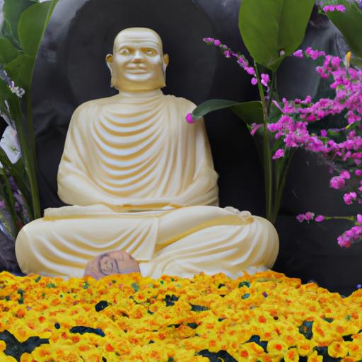 Tượng Phật Dược Sư Được Bao Phủ Bởi Những Bông Hoa