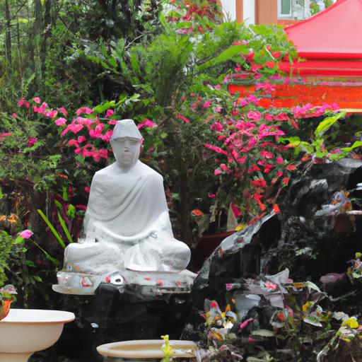 Một Tượng Phật Dược Sư Được Đặt Trong Vườn Hoa