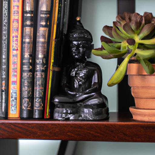 Tượng Phật Nhỏ Được Đặt Trên Giá Sách Và Được Bao Quanh Bởi Các Cuốn Sách Và Cây Cối
