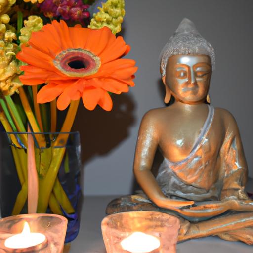 Tượng Phật Được Trang Trí Với Hoa Và Nến