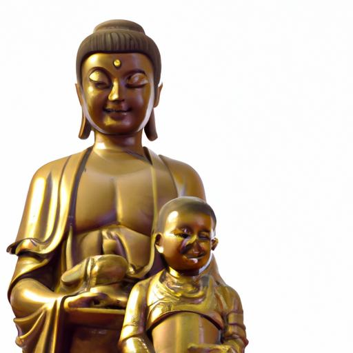Tượng Phật Quan Âm Bằng Đồng Cùng Một Đứa Trẻ Đang Được Ôm Trong Tay. Cả Hai Đều Có Khuôn Mặt Yên Bình.