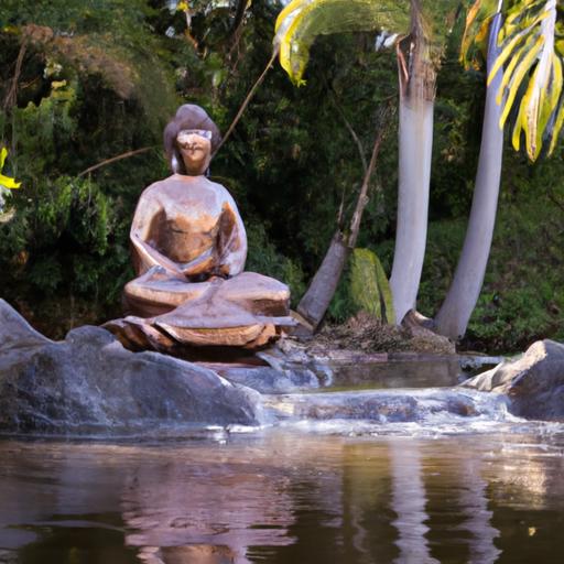 Tượng Phật Quan Âm Bằng Đồng Đang Ngồi Thiền Trên Một Tảng Đá Bao Quanh Bởi Cây Cối Và Nước.