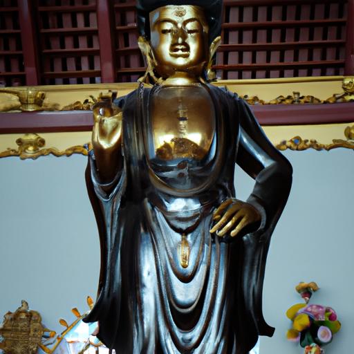 Tượng Phật Quan Âm Bằng Đồng Trong Một Ngôi Chùa, Đang Đứng Trên Một Bệ Và Có Nụ Cười Hiền Hòa Trên Môi.