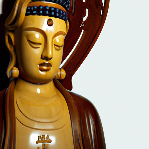 Tượng Phật Quan Âm Bằng Gỗ Với Biểu Cảm Bình Tâm Và Vòng Tròn Ánh Sáng Quanh Đầu.