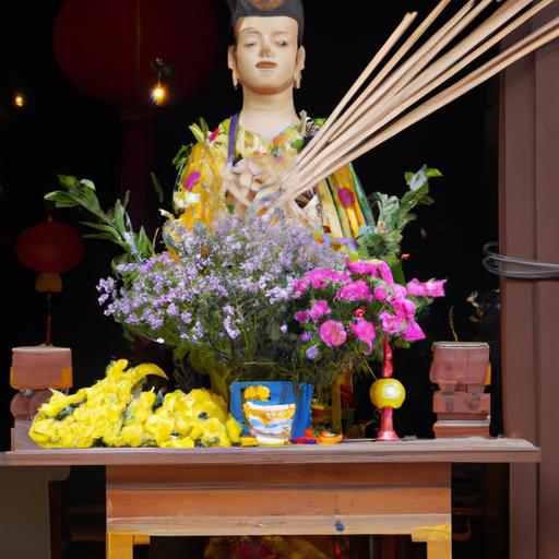 Tượng Phật Quan Âm Bằng Gỗ Với Nhang Hoa Trước Mặt